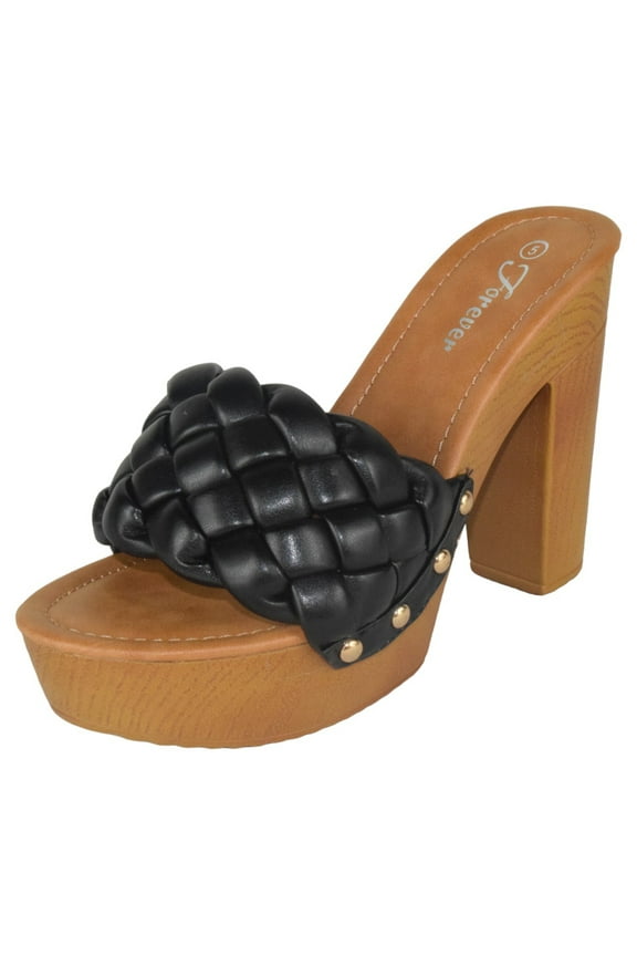 Shoes Women Block High Heel Platform Sandals Braided Band Light Weight Slip On WOOD-06 Black 6.5