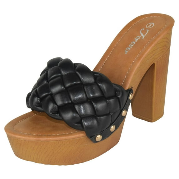 Forever Shoes Women Block High Heel Platform Sandals Braided Band Light Weight Slip On WOOD-06 Black 8.5