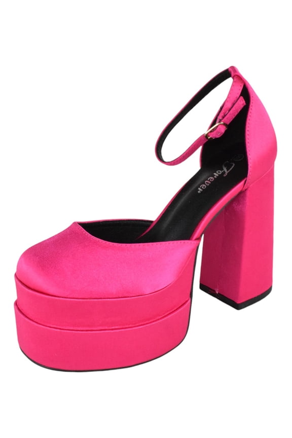 Shoes Women Extra High Block Heels Platform Round Closed Toe Exotic Dancer Pumps Ankle Strap TWICE-13 Hot Pink Fuchsia Satin 6