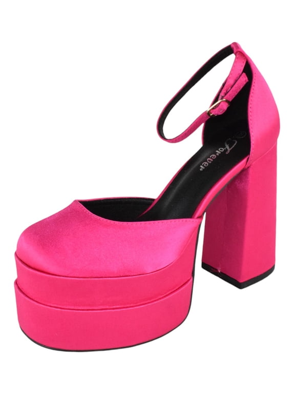 Shoes Women Extra High Block Heels Platform Round Closed Toe Exotic Dancer Pumps Ankle Strap TWICE-13 Hot Pink Fuchsia Satin 8.5