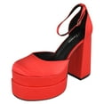 thumbnail image 1 of Forever Shoes Women Extra High Block Heels Platform Round Closed Toe Exotic Dancer Pumps Ankle Strap TWICE-13 Hot Red Satin 5, 1 of 3