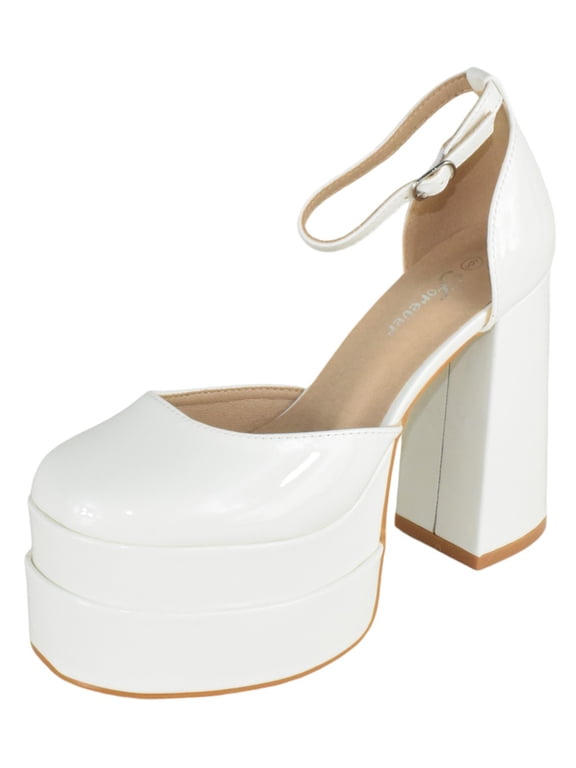 Shoes Women Extra High Block Heels Platform Round Closed Toe Exotic Dancer Pumps Ankle Strap TWICE-13 White Patent 8.5