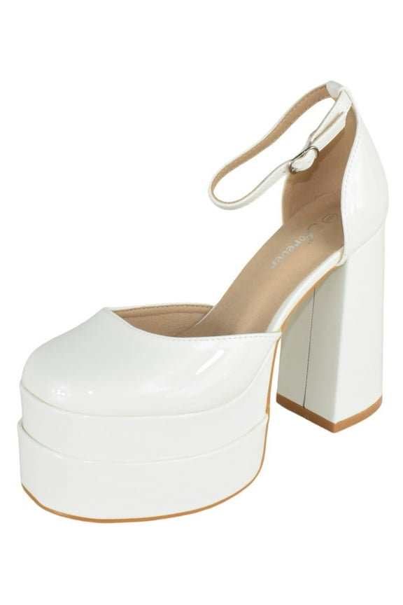 Shoes Women Extra High Block Heels Platform Round Closed Toe Exotic Dancer Pumps Ankle Strap TWICE-13 White Patent 8.5