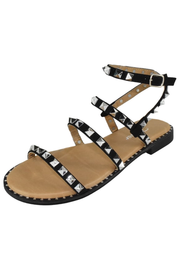 Shoes Women Gladiator Sandals Studded Ankle Strap Flat Buckle up DING-28 Black 9
