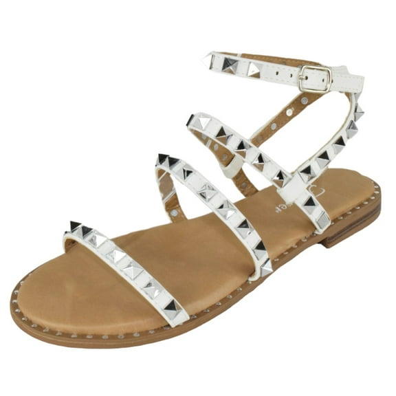 Forever Shoes Women Gladiator Sandals Studded Ankle Strap Flat Buckle up DING-28 White 10