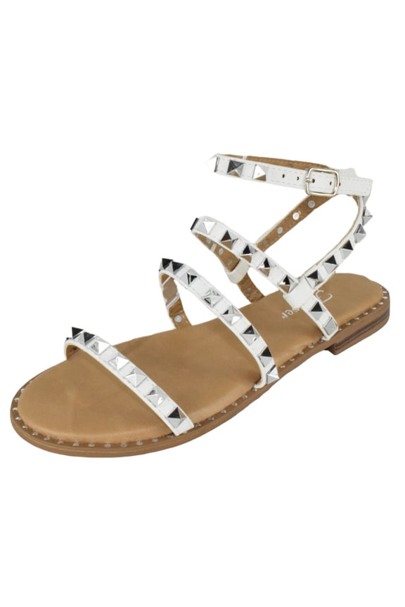 Shoes Women Gladiator Sandals Studded Ankle Strap Flat Buckle up DING-28 White 7.5