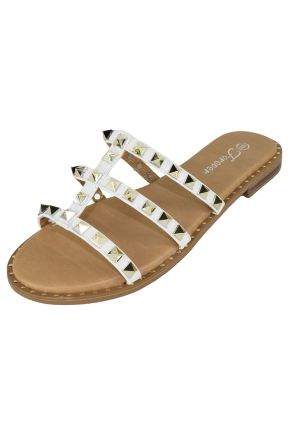 Shoes Women Gladiator Sandals Studded Slip On Flat Flip Flops DING-32 White / Gold 8