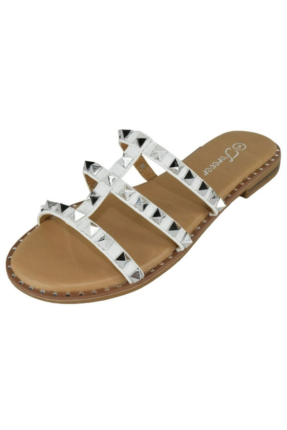 Shoes Women Gladiator Sandals Studded Slip On Flat Flip Flops DING-32 White / Silver 6