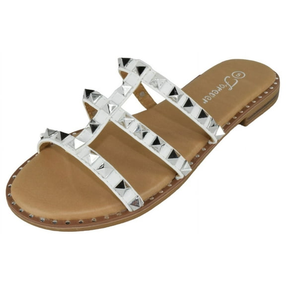 Forever Shoes Women Gladiator Sandals Studded Slip On Flat Flip Flops DING-32 White / Silver 7