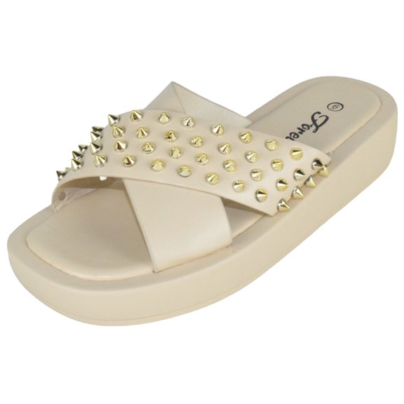 Forever Shoes Women Sandals Crisscross Studded Strap Spikes Band Flatform Platform SURE-75 Cream Beige 6