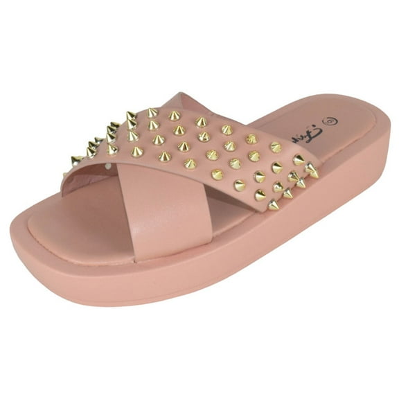 Forever Shoes Women Sandals Crisscross Studded Strap Spikes Band Flatform Platform SURE-75 Mauve Pink Blush 10