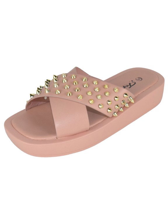 Shoes Women Sandals Crisscross Studded Strap Spikes Band Flatform Platform SURE-75 Mauve Pink Blush 8