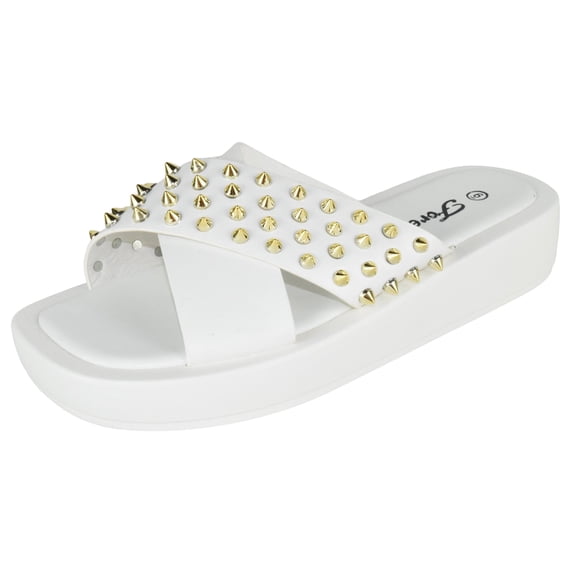 Forever Shoes Women Sandals Crisscross Studded Strap Spikes Band Flatform Platform SURE-75 White 10