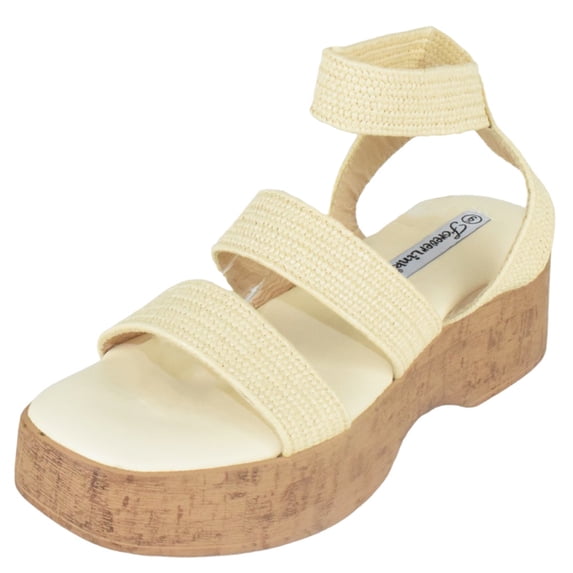 Forever Shoes Women Sandals Double Straps Light Weight Flatform Platform Elastic LEXI-23 Beige Raffia 8