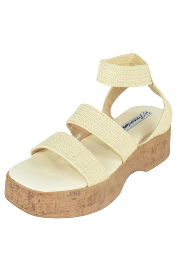 Shoes Women Sandals Double Straps Light Weight Flatform Platform Elastic LEXI-23 Beige Raffia 9