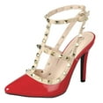 thumbnail image 1 of Forever Shoes Women Stiletto High Heels Pointy Toe Studded Pumps Ankle Strap Two Tone Biege Gold Accent STUDS-03 Red 6.5, 1 of 4