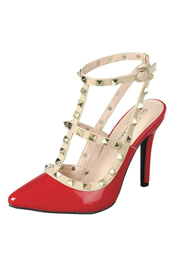 Shoes Women Stiletto High Heels Pointy Toe Studded Pumps Ankle Strap Two Tone Biege Gold Accent STUDS-03 Red 6.5