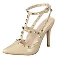 thumbnail image 1 of Forever Shoes Women Stiletto High Heels Pointy Toe Studded Pumps Ankle Strap Two Tone Biege Gold Accent STUDS-03 Skin Biege Nude 8.5, 1 of 4