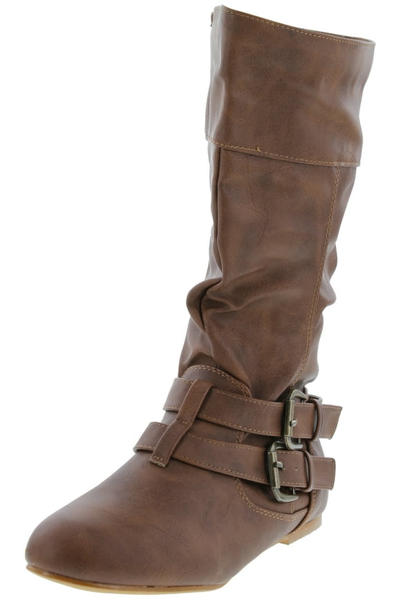 Forever Sonny-54 Women's Stylish Round Toe Buckle Zipper Slouchy Mid-Calf Riding Boots Shoes