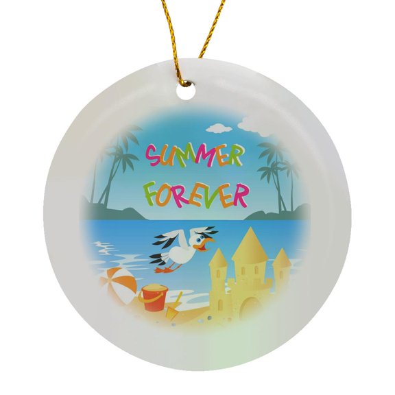 3drose, Forever Summer Tropical Beach with Islands, Palm Trees, a Sand Castle and Seagull, Circle Porcelain Ornament