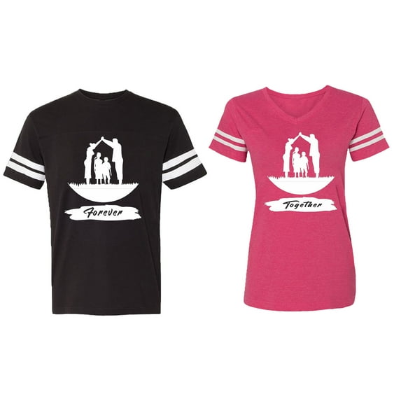 Forever Together Matching Couple Cotton Jerseys (Men Black / Women Pink) (Men S / Women S)