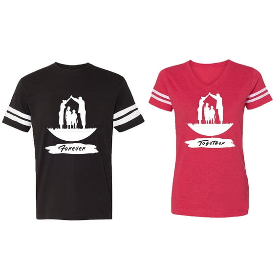 Forever Together Matching Couple Cotton Jerseys (Men Black / Women Red) (Men M / Women XXL)