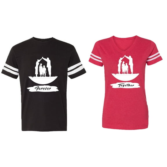 Forever Together Matching Couple Cotton Jerseys (Men Black / Women Red) (Men XXL / Women M)