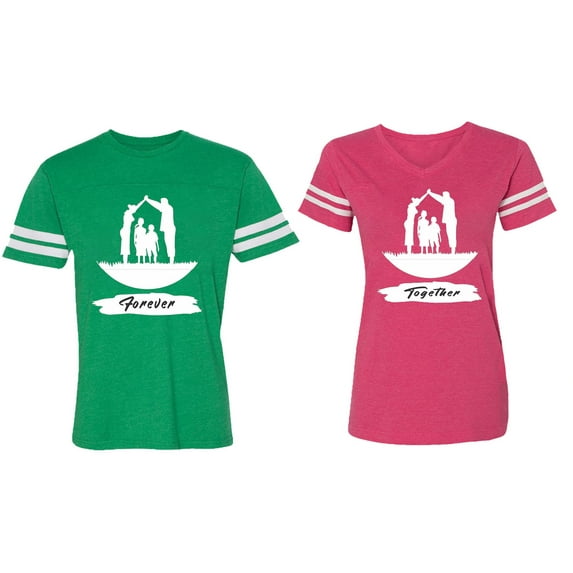 Forever Together Matching Couple Cotton Jerseys (Men Green / Women Pink) (Men S / Women S)