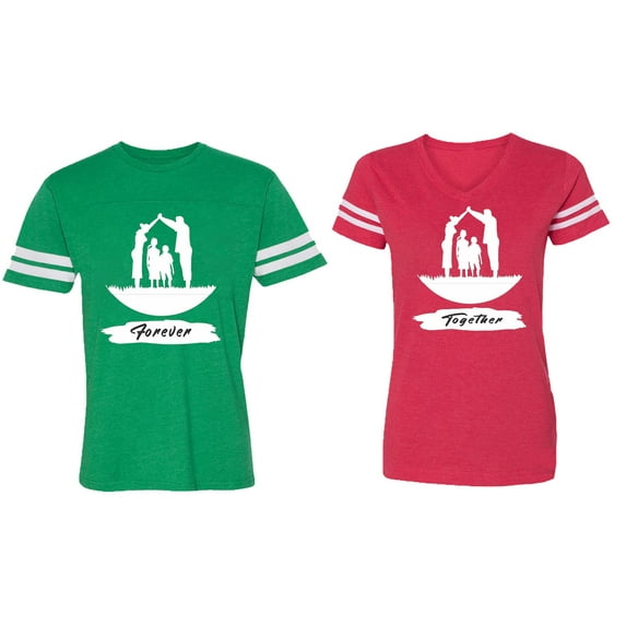 Forever Together Matching Couple Cotton Jerseys (Men Green / Women Red) (Men S / Women S)