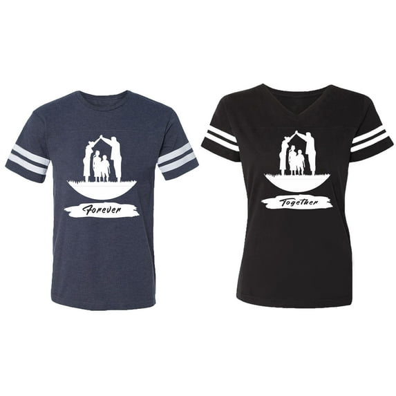 Forever Together Matching Couple Cotton Jerseys (Men Navy / Women Black) (Men S / Women S)