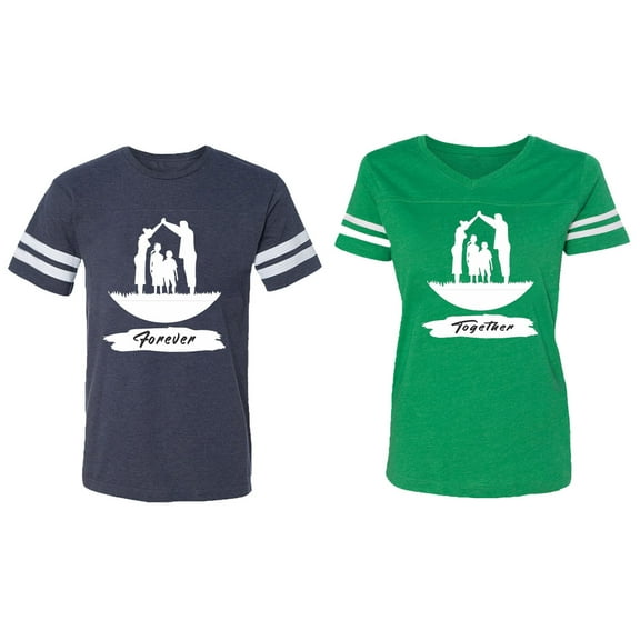 Forever Together Matching Couple Cotton Jerseys (Men Navy / Women Green) (Men L / Women L)