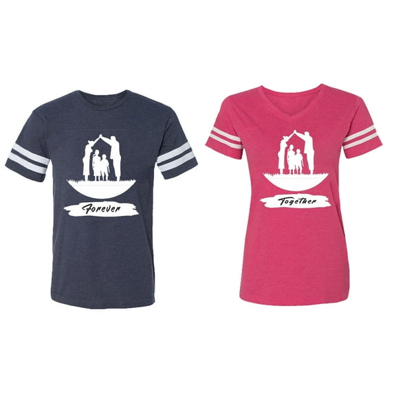 Forever Together Matching Couple Cotton Jerseys (Men Navy / Women Pink) (Men XL / Women S)