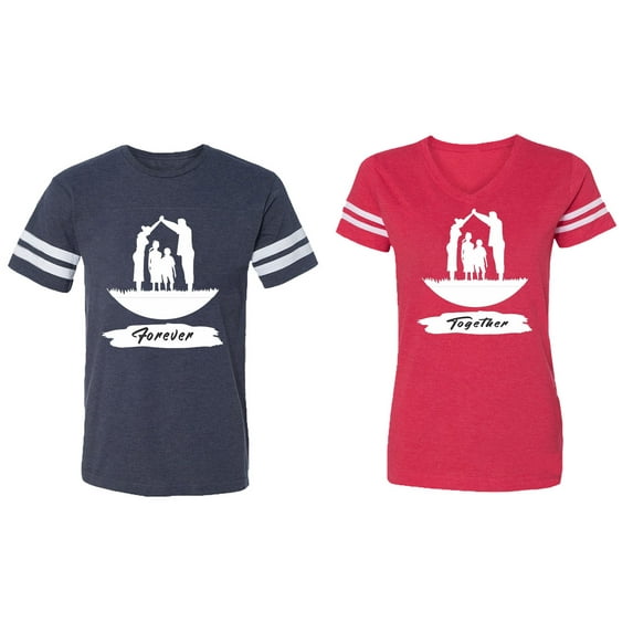 Forever Together Matching Couple Cotton Jerseys (Men Navy / Women Red) (Men S / Women XXL)