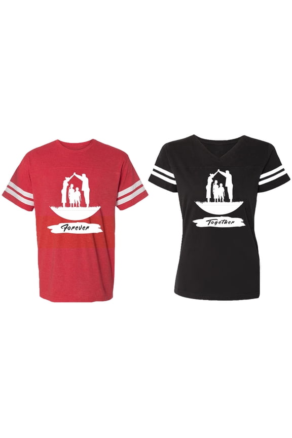 Forever Together Matching Couple Cotton Jerseys (Men Red / Women Black) (Men S / Women XL)