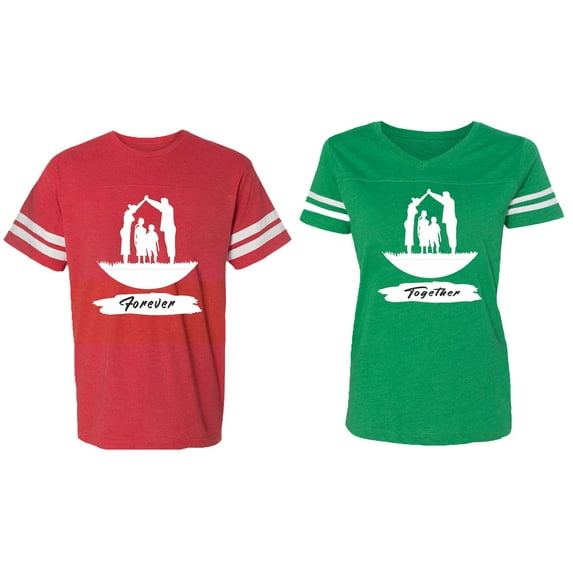 Forever Together Matching Couple Cotton Jerseys (Men Red / Women Green) (Men XL / Women XXL)
