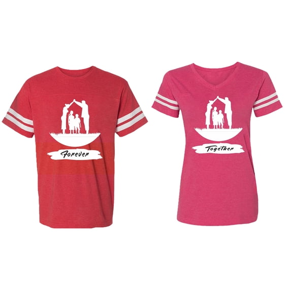 Forever Together Matching Couple Cotton Jerseys (Men Red / Women Pink) (Men XL / Women M)