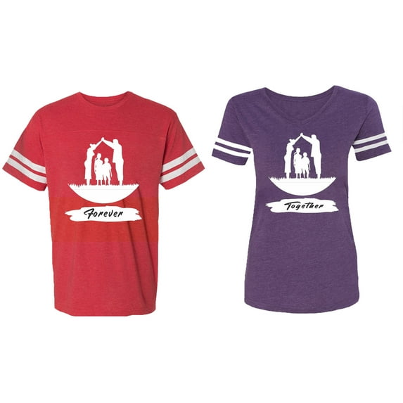 Forever Together Matching Couple Cotton Jerseys (Men Red / Women Purple) (Men XL / Women M)