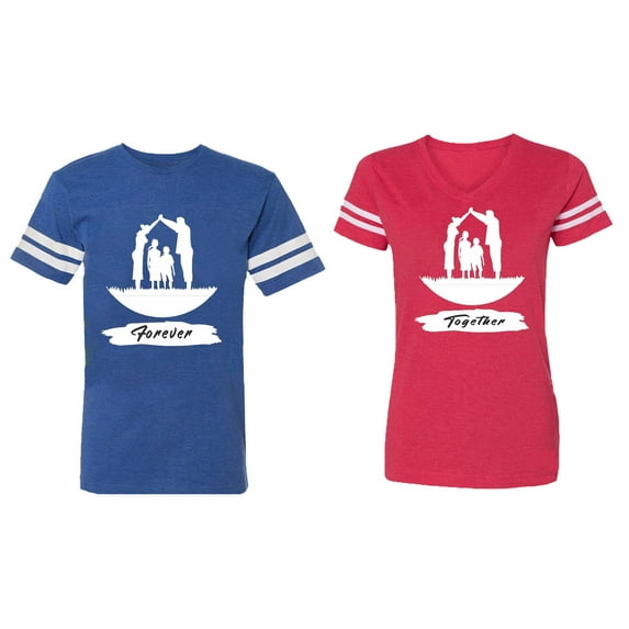 Forever Together Matching Couple Cotton Jerseys (Men Royal / Women Red) (Men S / Women L)