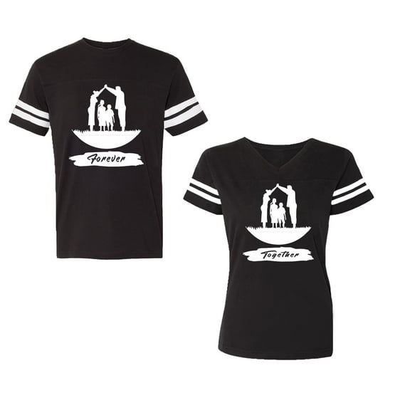 Forever Together Unisex Couple Matching Cotton Jersey style T-Shirt Contrasting stripes on sleeves (Men Black / Women Black) (Men L / Women L)