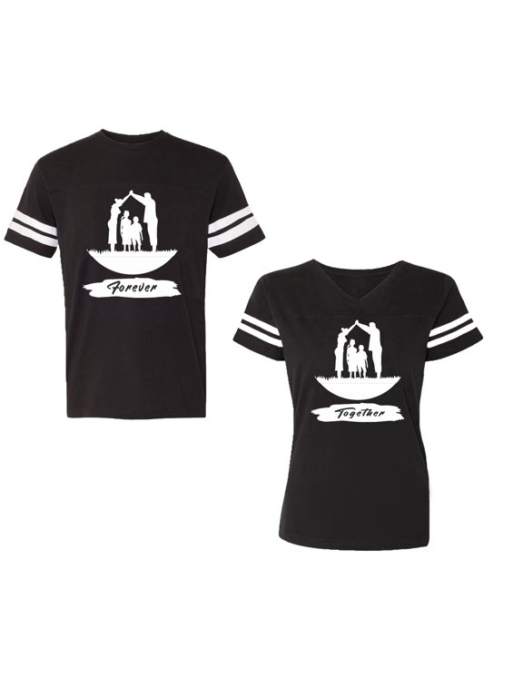 Forever Together Unisex Couple Matching Cotton Jersey style T-Shirt Contrasting stripes on sleeves (Men Black / Women Black) (Men XL / Women S)