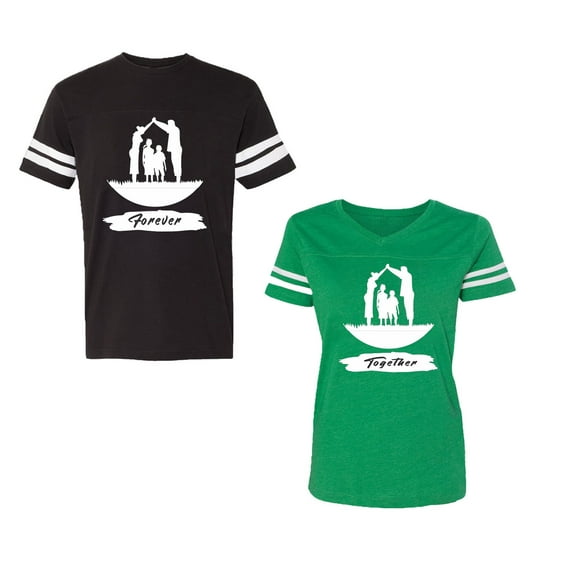 Forever Together Unisex Couple Matching Cotton Jersey style T-Shirt Contrasting stripes on sleeves (Men Black / Women Green) (Men M / Women M)