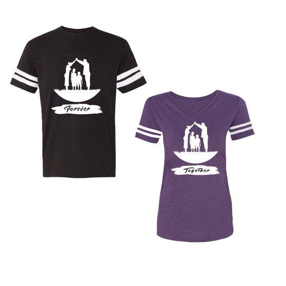 Forever Together Unisex Couple Matching Cotton Jersey style T-Shirt Contrasting stripes on sleeves (Men Black / Women Purple) (Men L / Women S)