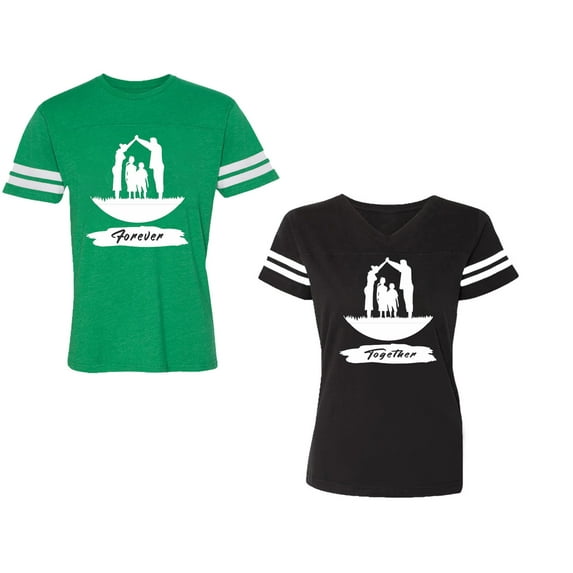 Forever Together Unisex Couple Matching Cotton Jersey style T-Shirt Contrasting stripes on sleeves (Men Green / Women Black) (Men S / Women S)