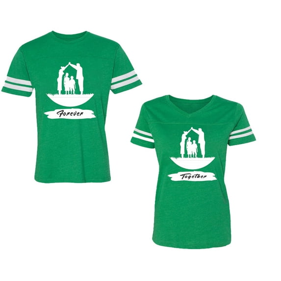 Forever Together Unisex Couple Matching Cotton Jersey style T-Shirt Contrasting stripes on sleeves (Men Green / Women Green) (Men XXL / Women XXL)