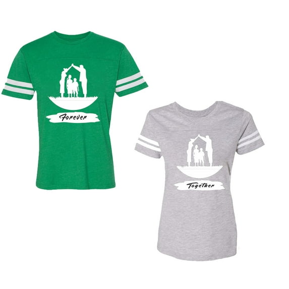 Forever Together Unisex Couple Matching Cotton Jersey style T-Shirt Contrasting stripes on sleeves (Men Green / Women Heather) (Men M / Women L)