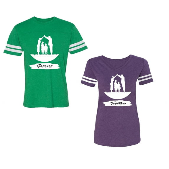 Forever Together Unisex Couple Matching Cotton Jersey style T-Shirt Contrasting stripes on sleeves (Men Green / Women Purple) (Men S / Women M)