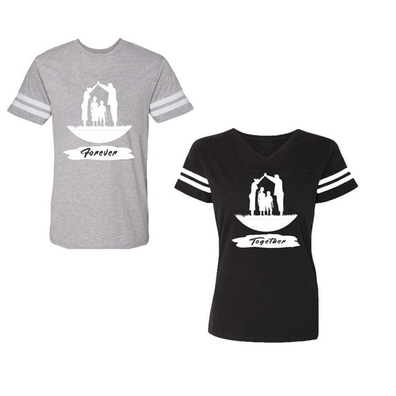 Forever Together Unisex Couple Matching Cotton Jersey style T-Shirt Contrasting stripes on sleeves (Men Heather / Women Black) (Men XL / Women XXL)