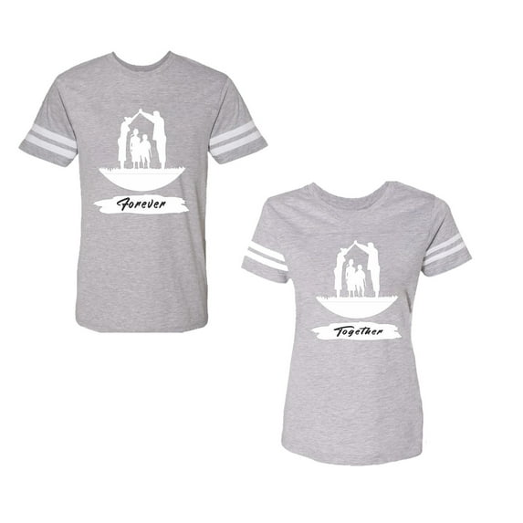 Forever Together Unisex Couple Matching Cotton Jersey style T-Shirt Contrasting stripes on sleeves (Men Heather / Women Heather) (Men XXL / Women M)