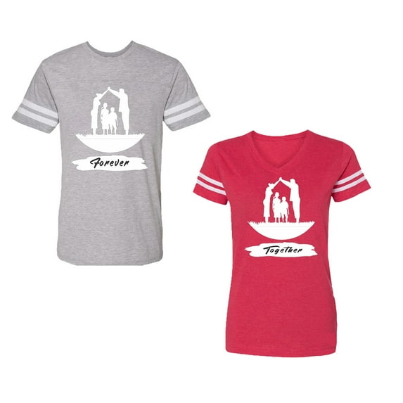 Forever Together Unisex Couple Matching Cotton Jersey style T-Shirt Contrasting stripes on sleeves (Men Heather / Women Red) (Men L / Women M)