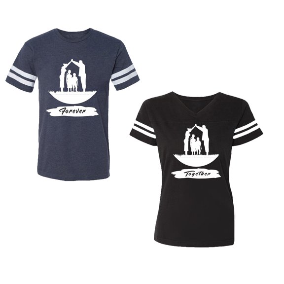 Forever Together Unisex Couple Matching Cotton Jersey style T-Shirt Contrasting stripes on sleeves (Men Navy / Women Black) (Men XXL / Women XXL)